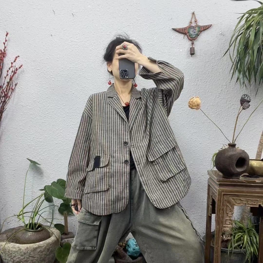 8808单色织麻竖条纹西装外套（前70后74胸围130