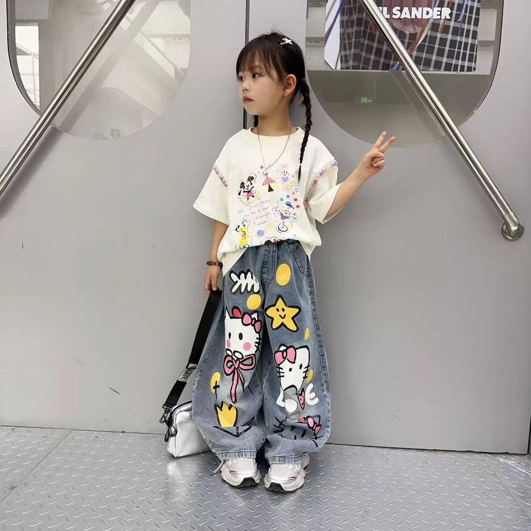 2025新款夏季女童时髦卡通动漫卡通风套装阔腿灯笼裤宽松印花