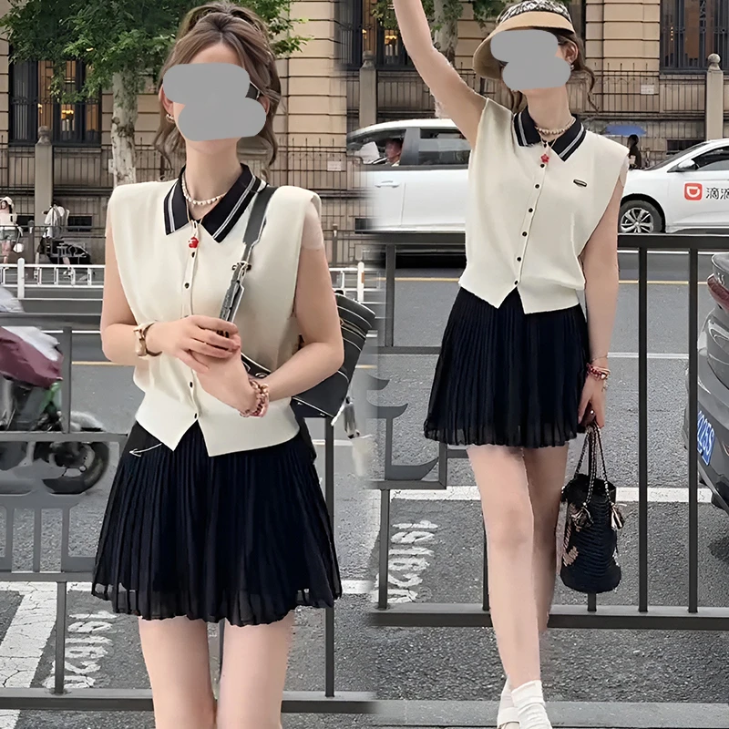 Polo领撞色针织无袖上衣女2025夏季新款高级感显瘦时尚短裙两件套