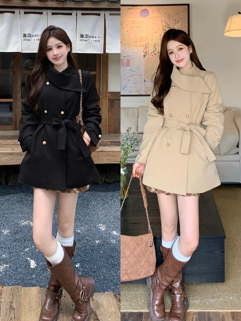 大码秋韩剧女主名媛风显瘦围脖设计黑色风衣外套女装大衣