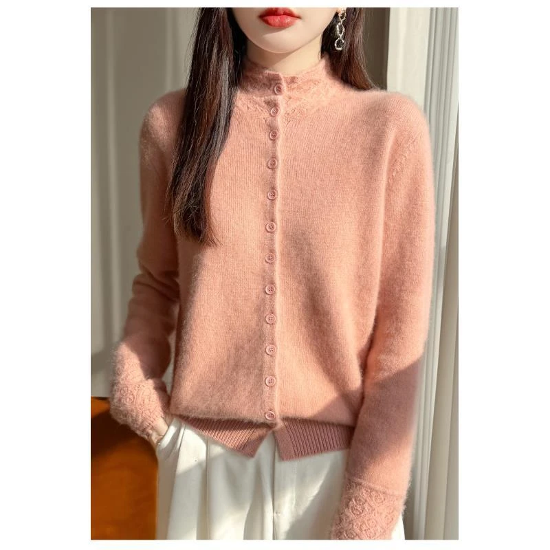 【加厚双股纱】100%羊毛七针加厚镂空排扣开衫D2581