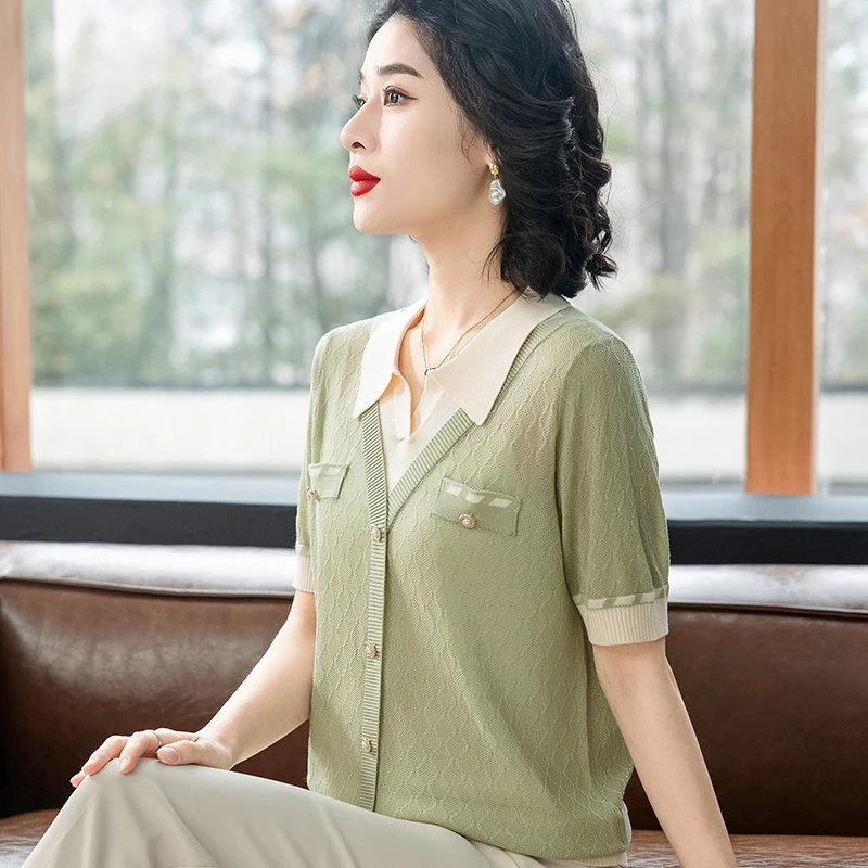 妈妈夏装洋气翻领针织宽松上衣50岁中老年妇女夏季短袖冰丝T恤衫