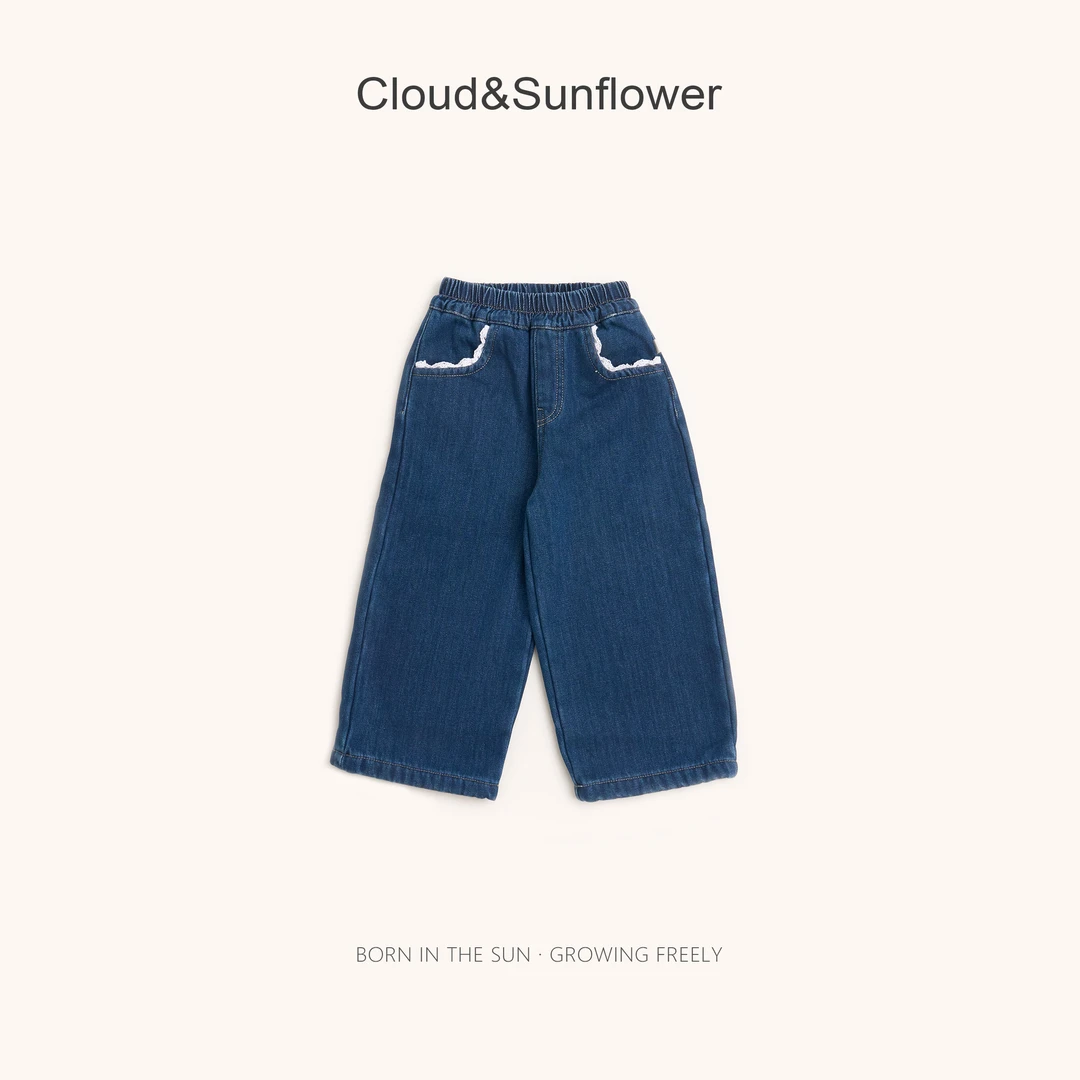 【云朵小葵】女童冬季新款爆款裤兜蕾丝洋气休闲直筒牛仔裤555402