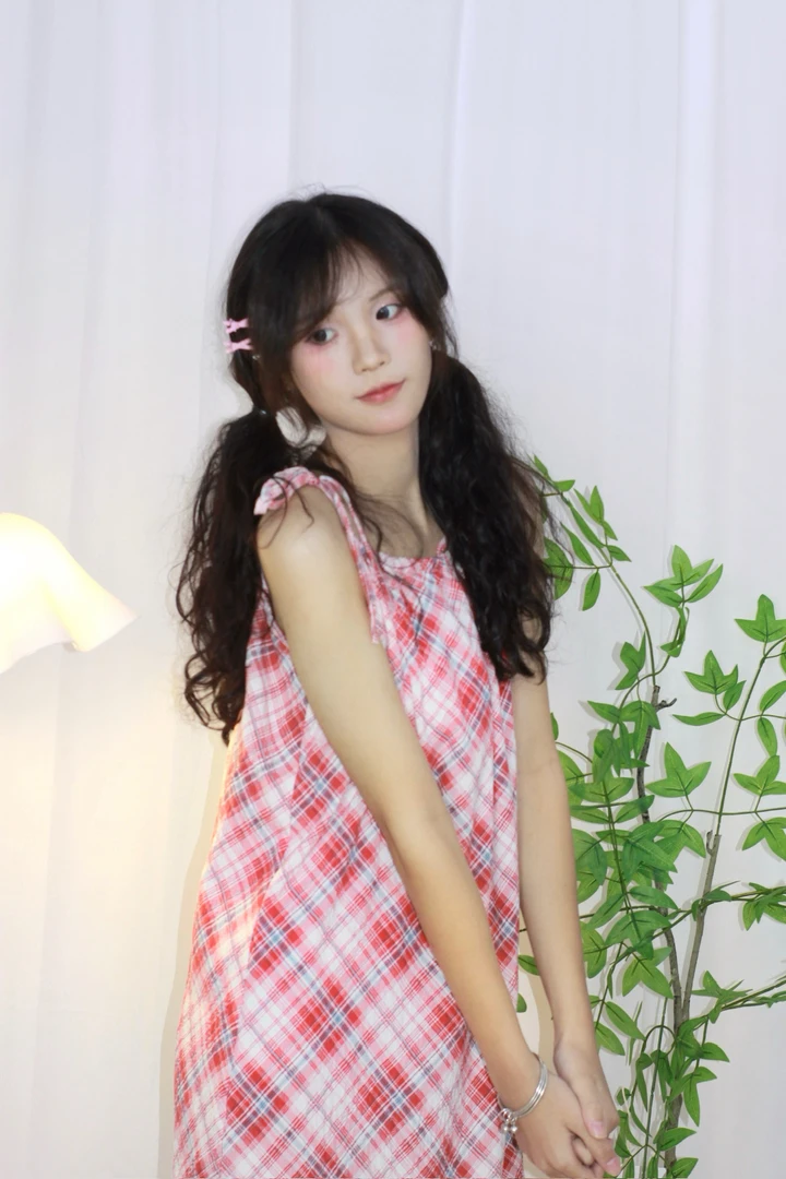 【云朵棉】夏季吊带睡裙带胸垫可外穿格子睡甜美可爱中长款（到膝盖）