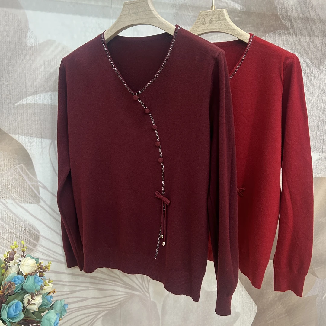 L【圆弧扣中式V领针织衫】套头洋气纯色长袖毛衣毛针织衫秋季时尚