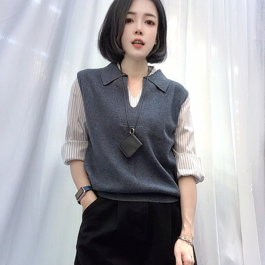 拼接针织衬衫袖女2005秋冬季韩版时尚气质减龄翻领假两件长袖上衣