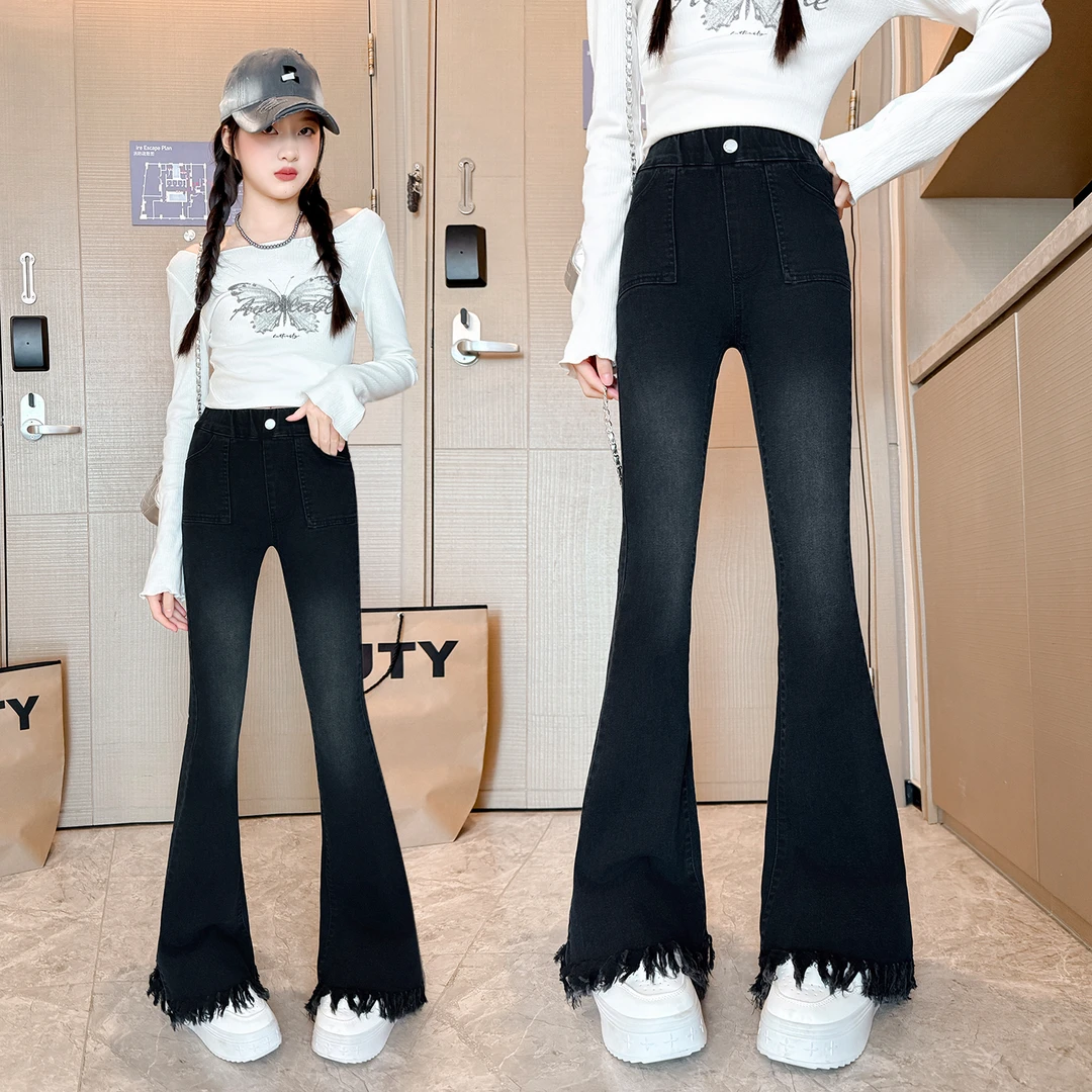 女童牛仔裤春秋季新款儿童洋气裤子中大童秋季黑色弹力显瘦喇叭裤