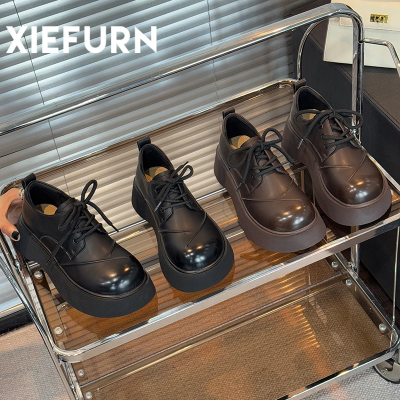 XIEFURN/鞋夫人圆头百搭厚底单鞋女2025新款圆头皮鞋学院风乐福鞋