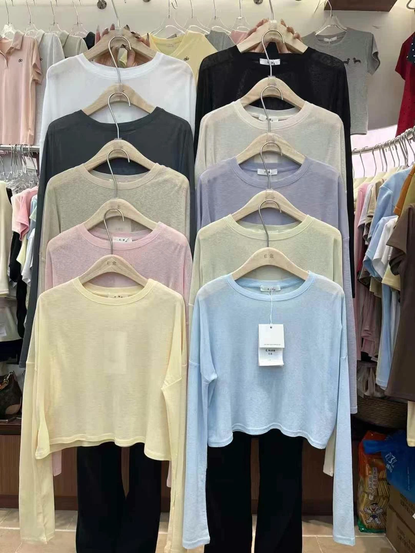 韩版薄款冰丝防晒衣圆领百搭宽松罩衫糖果色长袖T恤短款上衣女夏