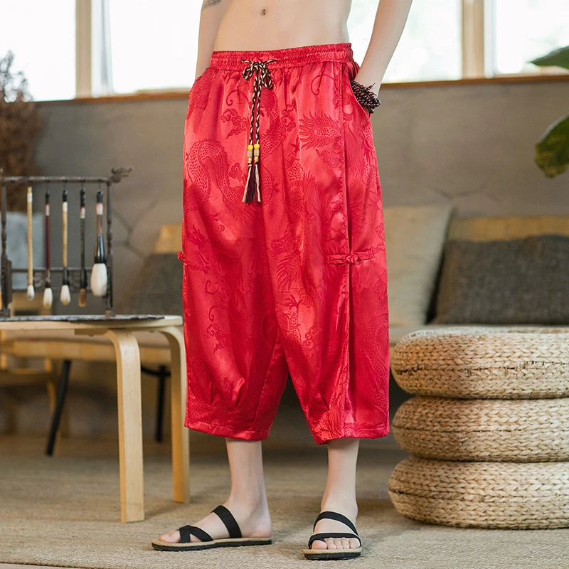 中国风男裤子裤夏季薄款龙纹提花冰丝七分大码宽松垂感直筒运动裤