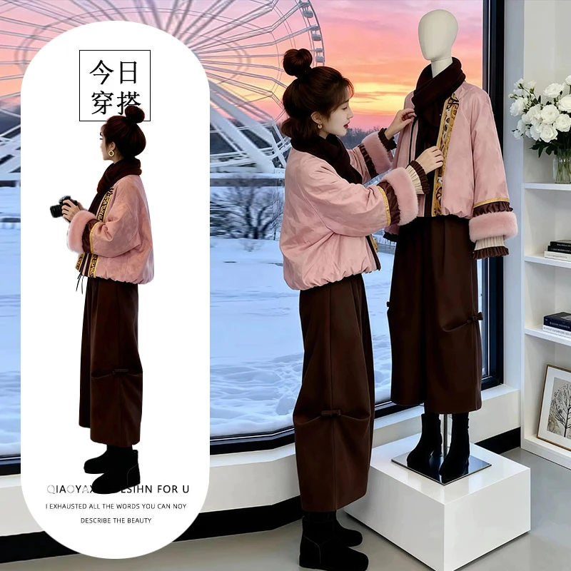 冬季穿搭一整套大码胖mm粉色棉服外套阔腿裤子高级时尚漂亮套装女