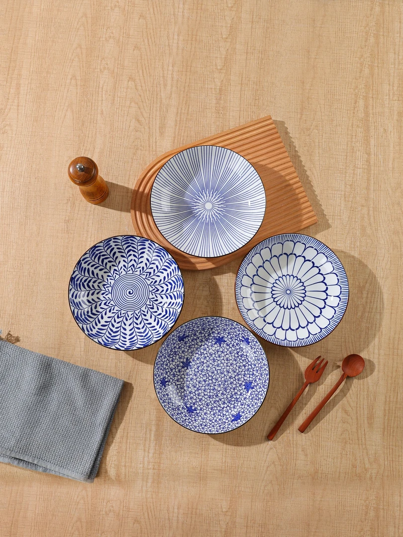 【瓷县令】8英寸蓝韵盘国潮陶瓷盘4只高颜值深汤盘家用炒菜盘创意