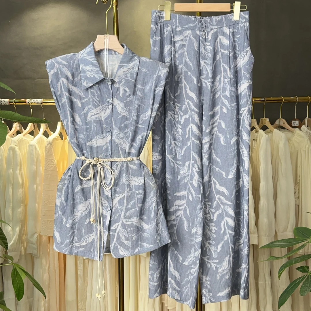 夏季印花休闲风薄款无弹力休闲裤百搭中性风轻奢时尚设计感两件套