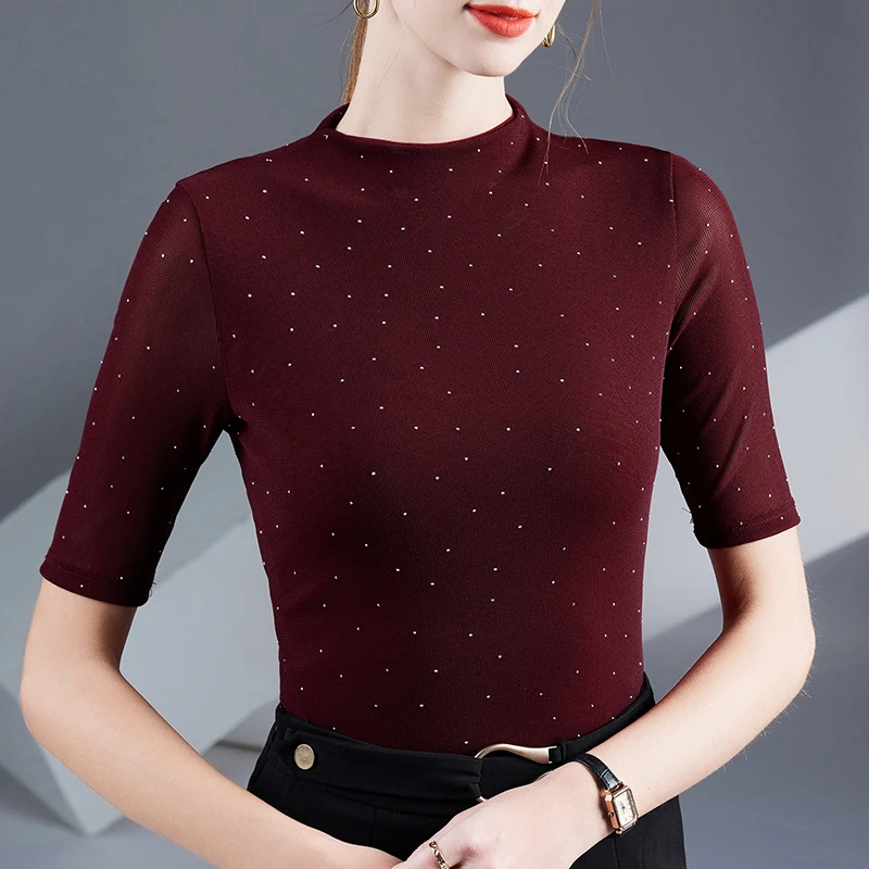 洋气半高领五分袖烫钻纯色T恤打底衫春夏中袖百搭修身女士上衣