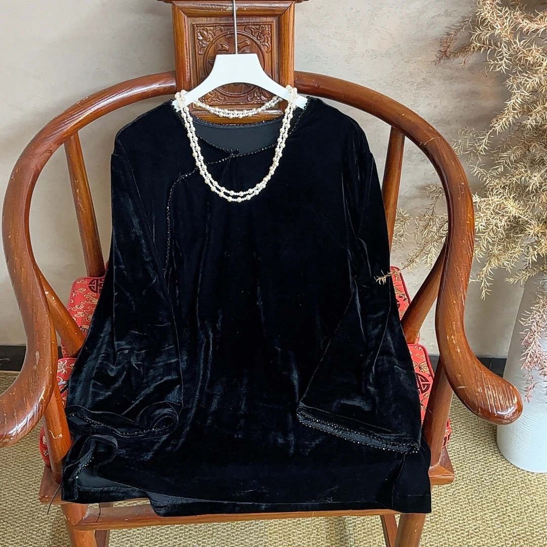 三姐家秋冬醋酸丝绒黑水晶边边国风上衣