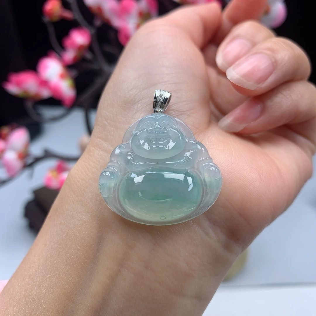 缅甸天然翡翠A货18K金冰种飘绿厚装佛公吊坠  尺寸：27.5*30.3*6.4