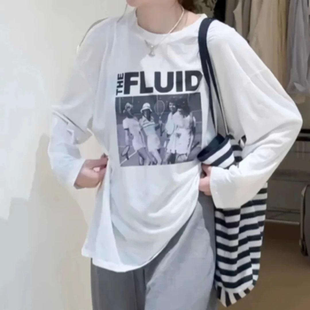 美式印花白色长袖t恤女夏穿搭薄款防晒罩衫2025新款套头外穿上衣