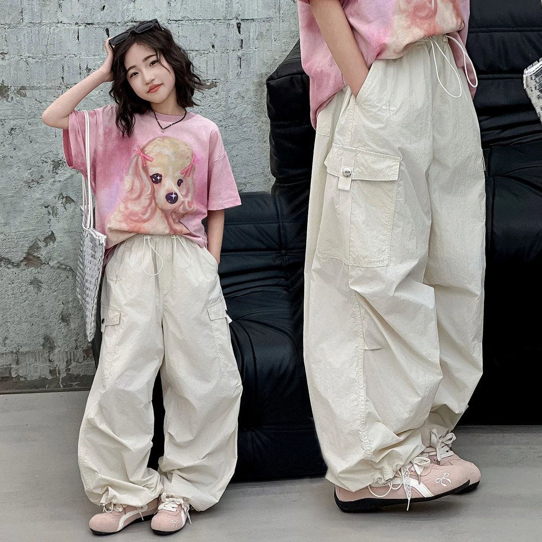 【简约风】夏季新款纯色抽绳设计裤中大口袋简约中大童工装休闲裤潮