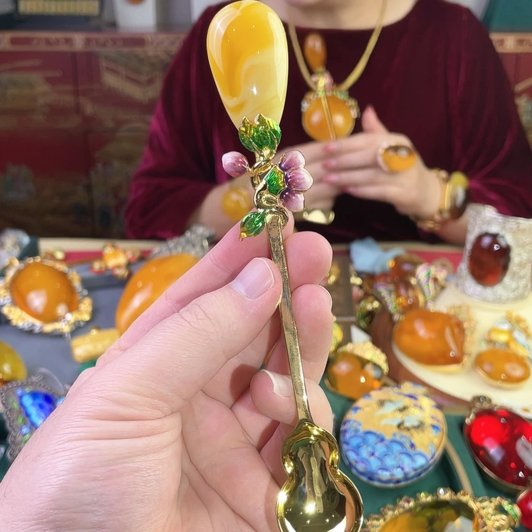 蜜蜡裸石银S925镀金镶嵌蜜蜡餐具