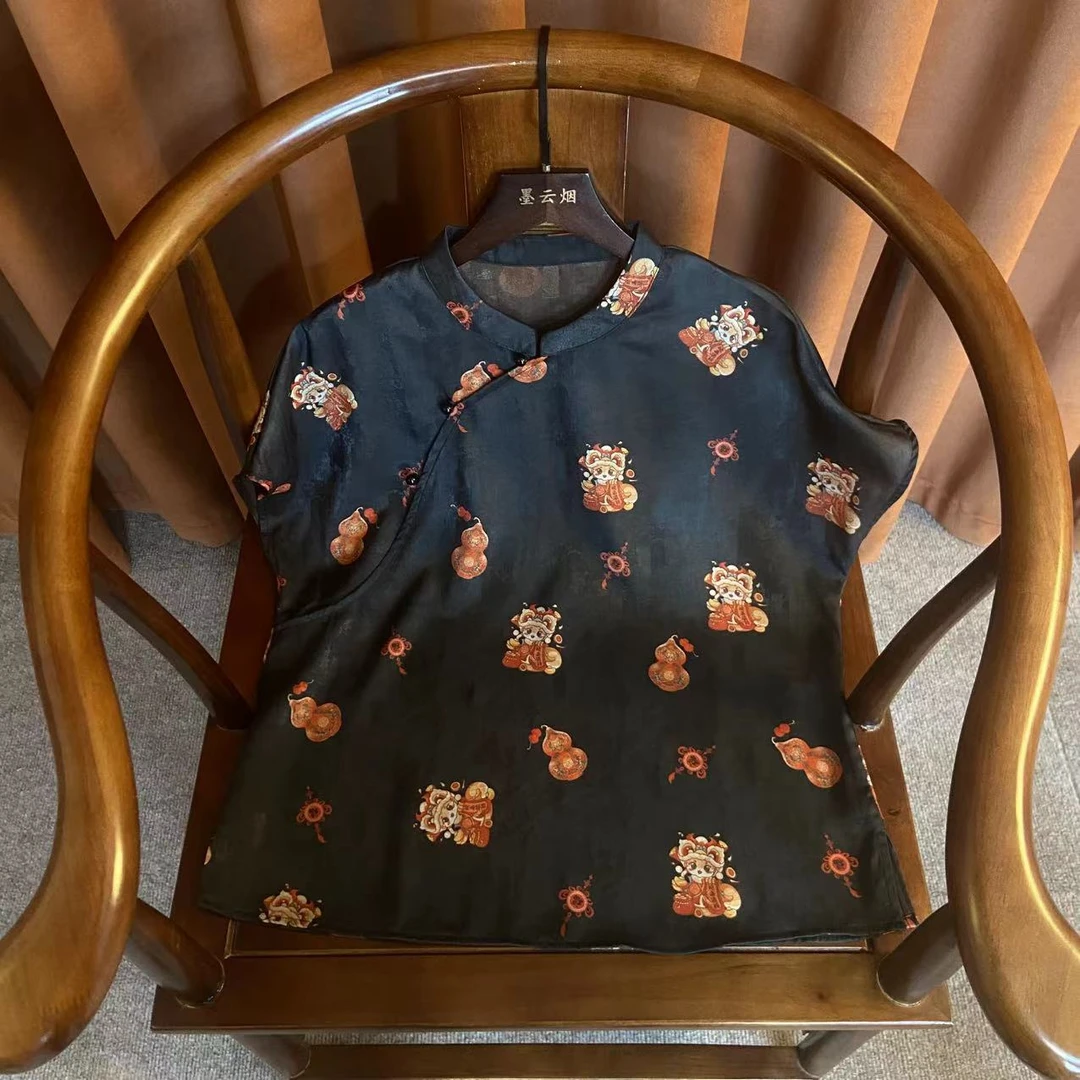 【妙语】 中式提花衬衫女2025夏季新款宽松唐装上衣短袖国风小衫