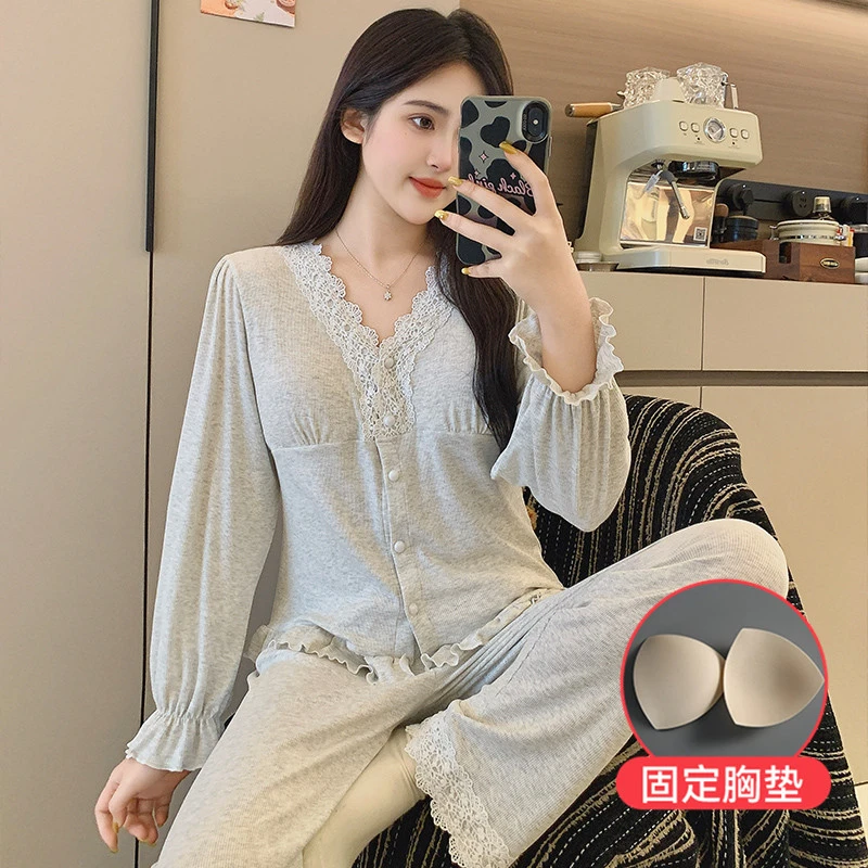 莫代尔睡衣春秋冬季女2025新款带胸垫长袖蕾丝显瘦家居服两件套装