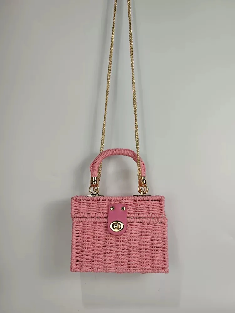 Amelie包邮秒杀女神百搭休闲粉红色系编织小方草编包单肩链条包