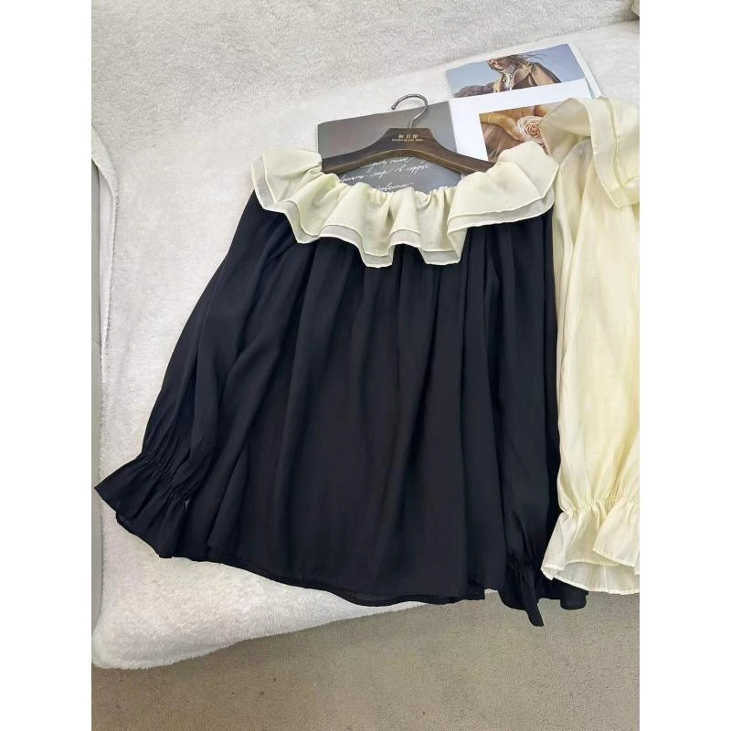 百搭淑女风显瘦法式气质荷叶领小衫C7397