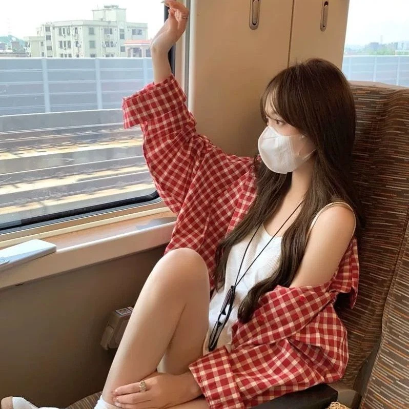 休闲复古红色格子衬衫女秋季薄款小个子chic港风宽松显瘦上衣