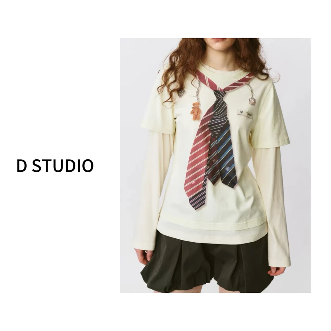 D STUDIO 趣味领带挂饰假两件长袖T恤 D3020
