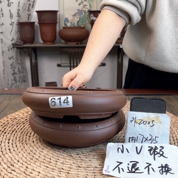 紫砂花盆微瑕扁鼓两只614