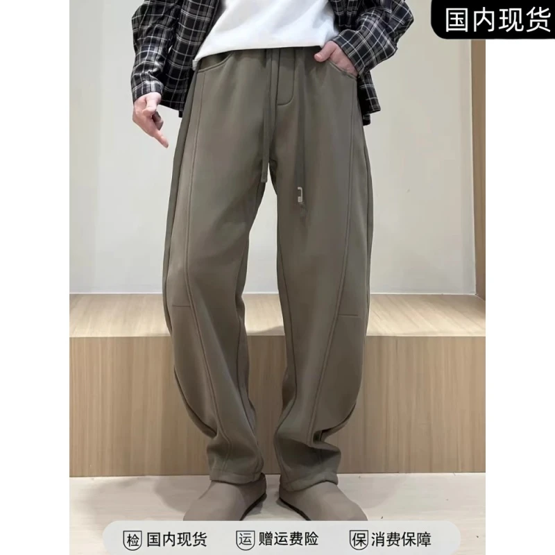 冬季款加绒纯色弯刀直筒裤男时尚显瘦立体裁剪香蕉裤宽松百搭卫裤