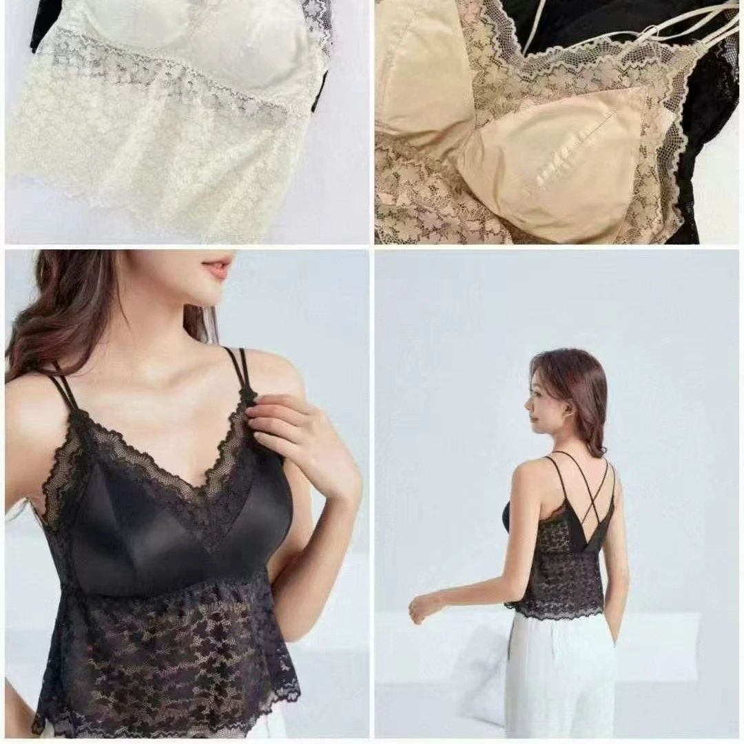 春夏新款轻奢带胸垫缎面儿拼接蕾丝侧开叉百搭美背