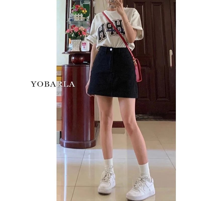 黑色小个子牛仔短裙秋冬新款大码高腰遮肚显瘦梨形身材a字半身裙