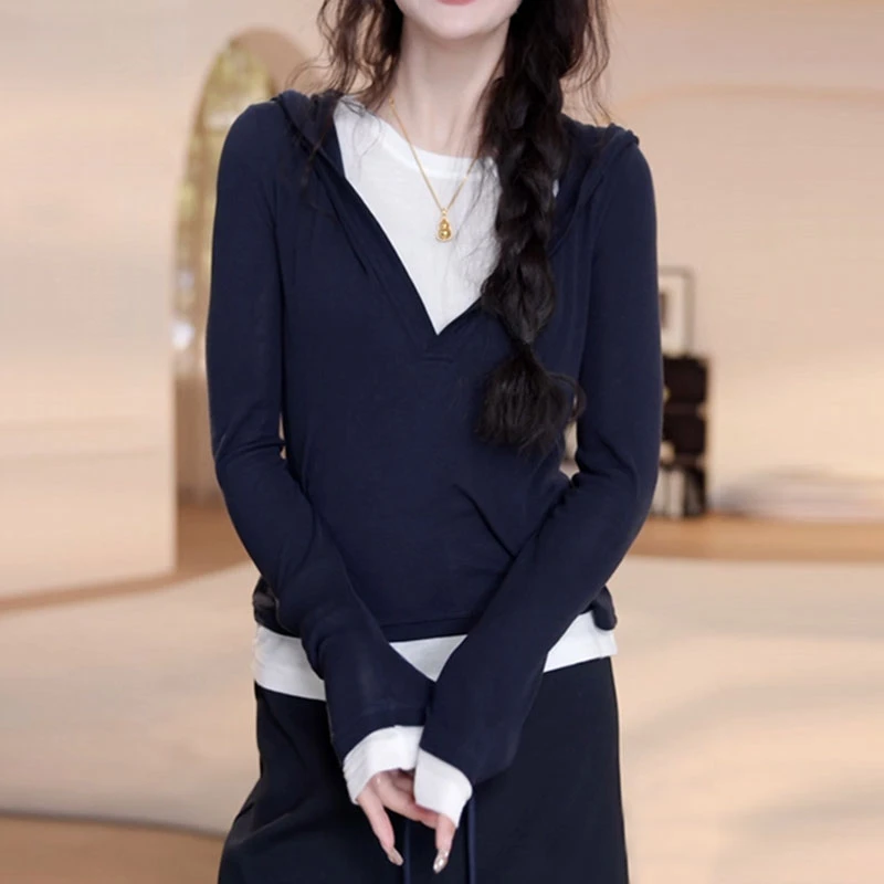 春季宽松假两件连帽卫衣女士2025休闲洋气气质薄款长袖拼色上衣