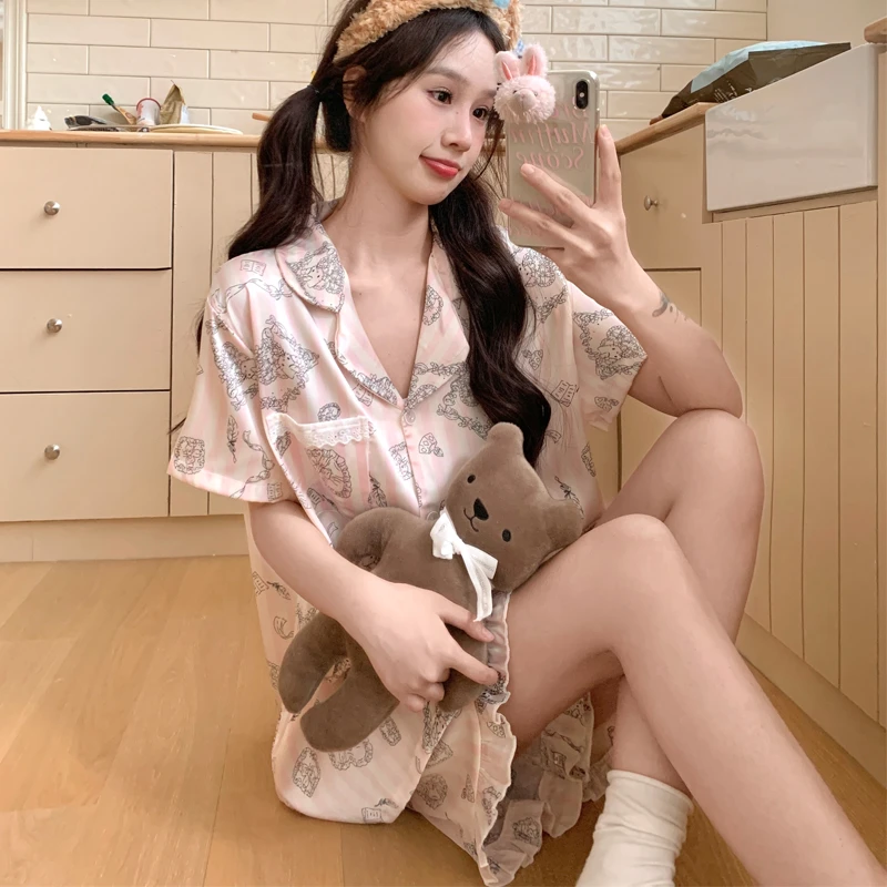 高级感冰丝大码睡衣女短袖短裤夏季家居服套装韩版网红凉爽宽松