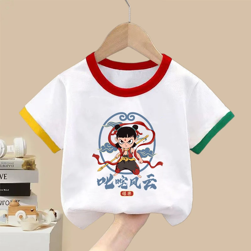 哪吒短袖纯棉T恤男女童春秋季宝宝2025新款卡通上衣服儿童打底衫