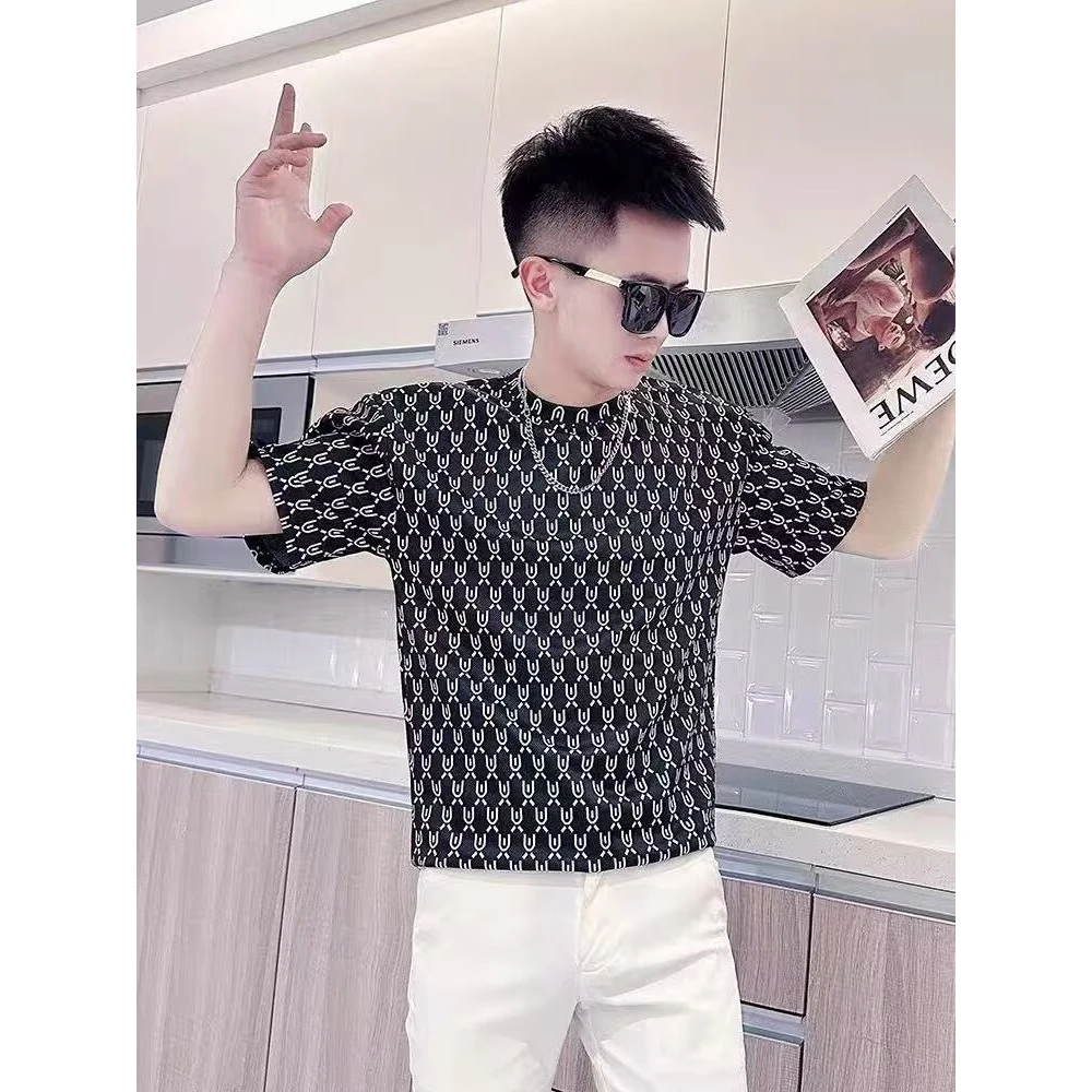 短袖男模t恤男士韩版修身痞帅炸街上衣2025新款夏季潮牌ins花衣服