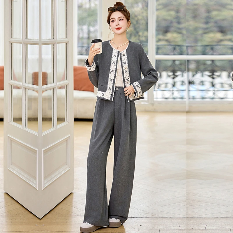 高级感亮片蕾丝拼接短外套搭配高腰阔腿裤套装春季新款时尚两件套