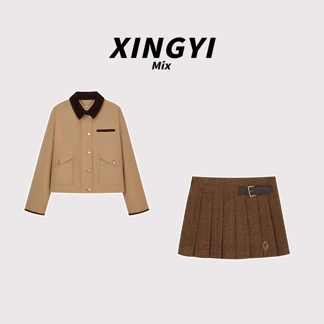 『XINGYI』露思同款翻领灯芯绒拼接夹克百褶裙套装XY9516