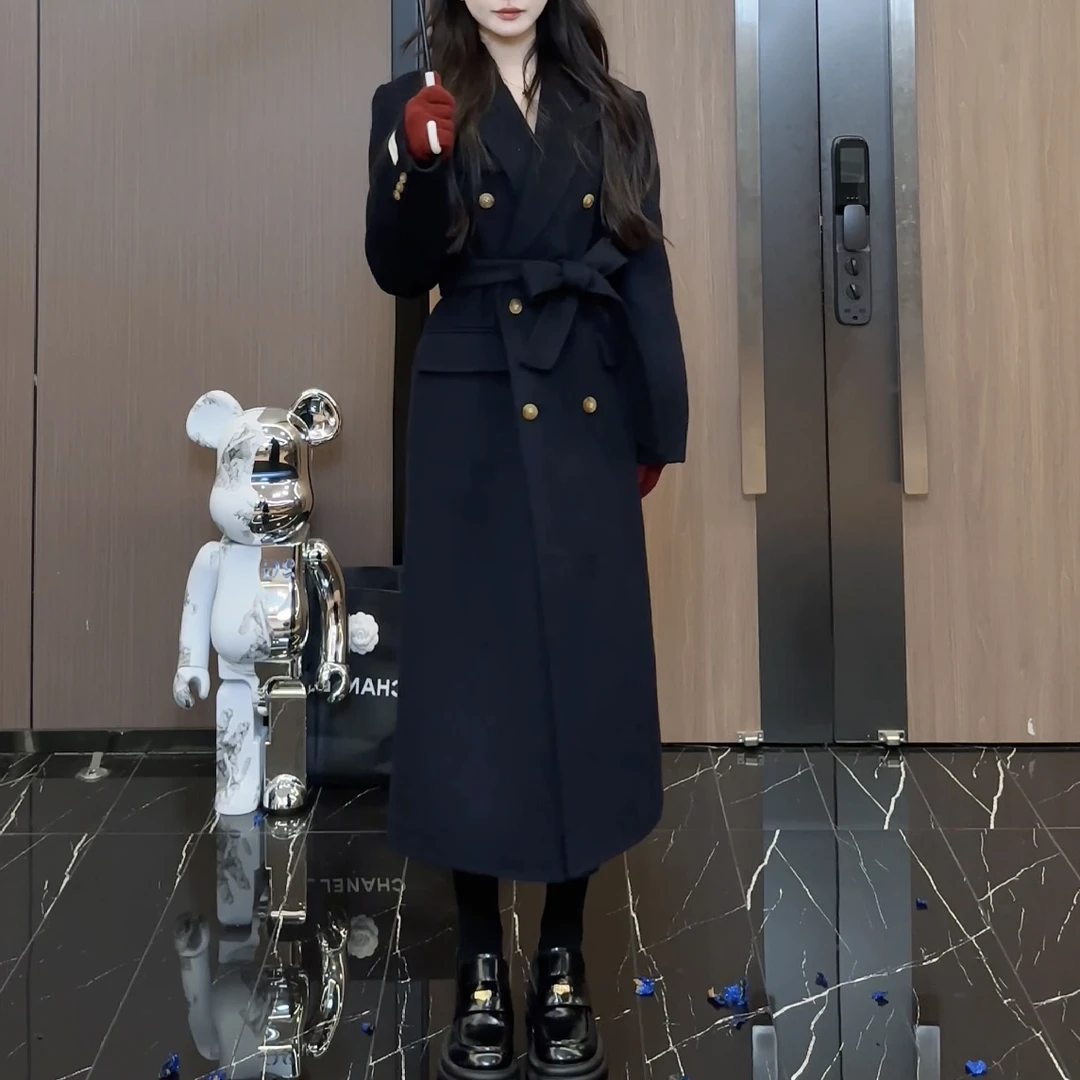 「周佑琳」外套预Q3WT9863A女士毛呢双排扣百搭秋冬青色蓝色时尚