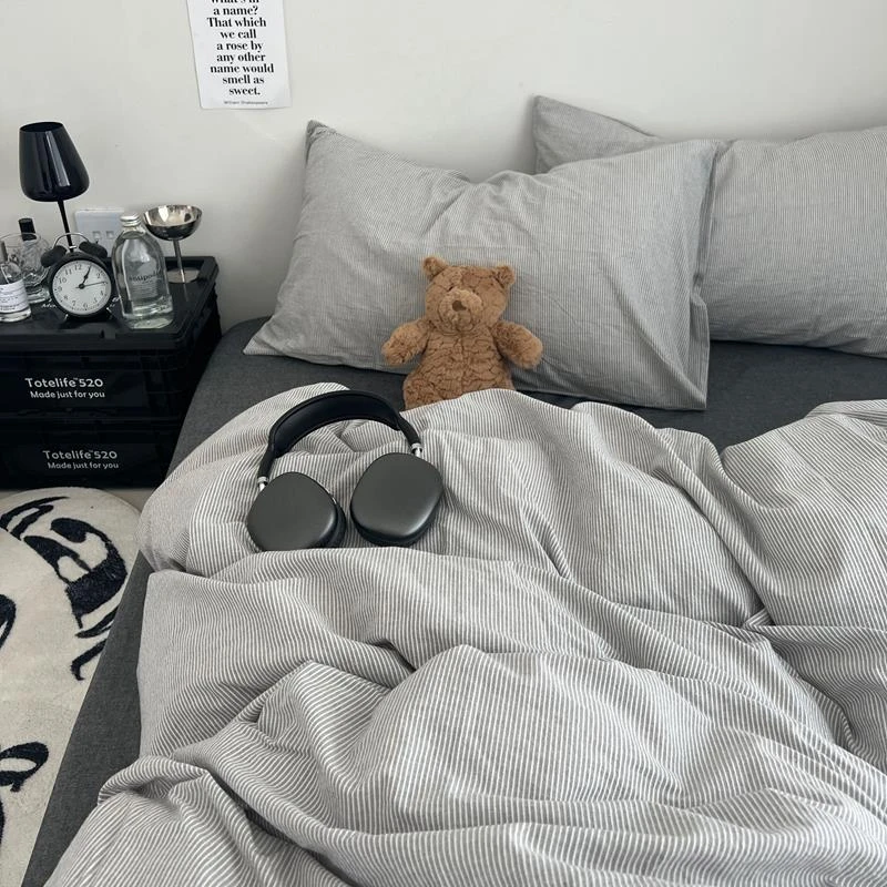 纯棉床上四件套水洗全棉100简约条纹床品学生宿舍床单被套三件套4