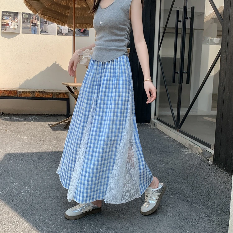 蕾丝大码不规则蓝色格子半身裙女2025夏海边穿搭a字大摆长裙子