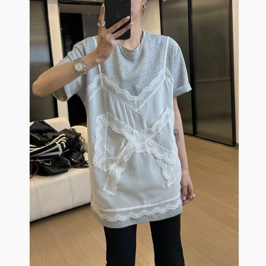 小静静一会【蝴蝶结T恤】2025春夏假两件大版短袖 2504C1715