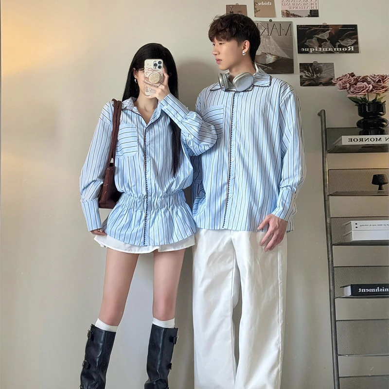 不一样情侣装2025新款春秋法式高级感小众学院风条纹衬衣韩版宽松