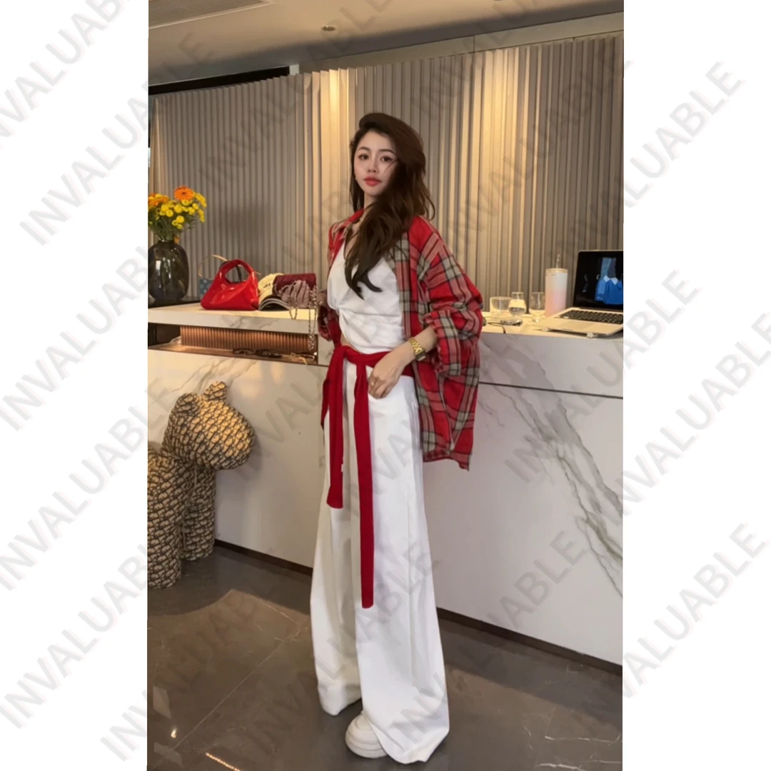 格子休闲网红宽松型翻领棋盘格女装衬衫上衣长袖丹宁风格