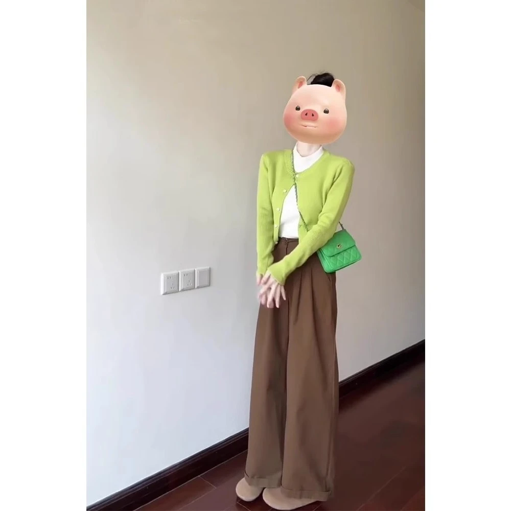 韩系复古深棕色高腰直筒休闲裤女春季新款百搭显瘦阔腿拖地长裤子