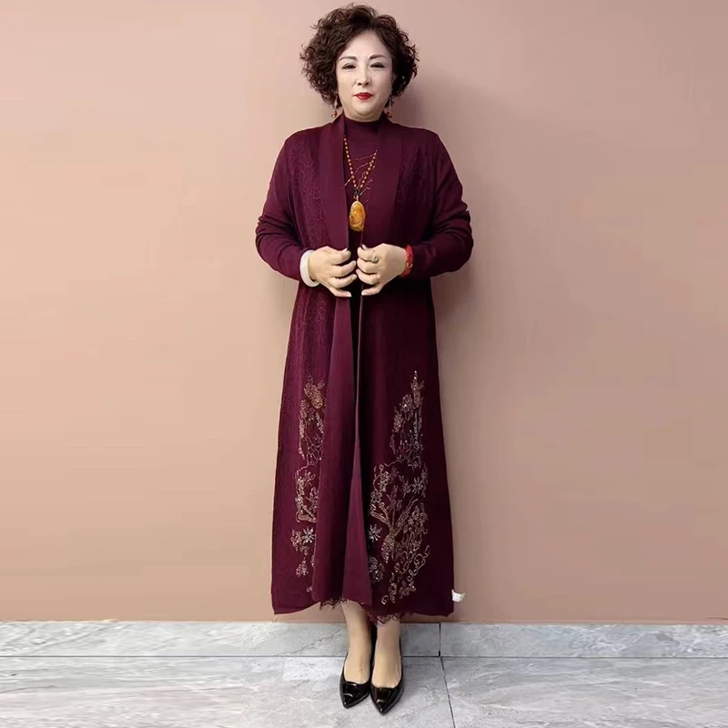 俞兆林高端妈妈婚宴礼服重工提花针织连衣裙秋冬大码长款外披宽松