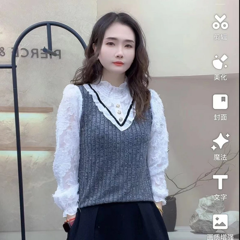 25年新款春季女款上衣领扣黑边蕾丝袖小衫高领打底衫