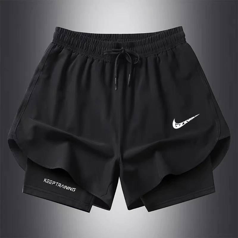 品牌运动夏季短裤假两件速干运动裤跑步训练休闲健身马拉松三分裤