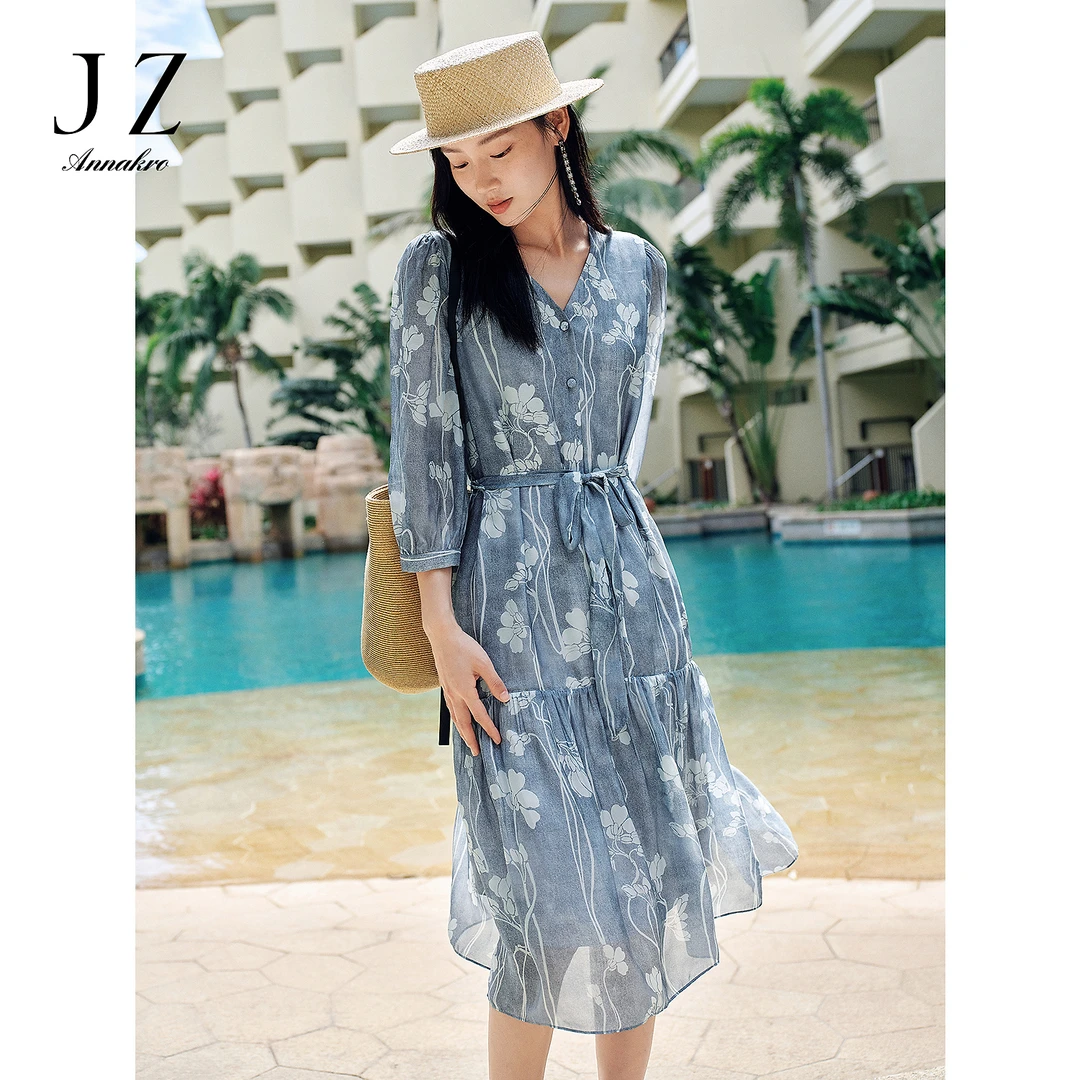 【柔蔓吟风裙】玖姿安娜蔻优雅法式桑蚕丝连衣裙女25新款KWFX50041